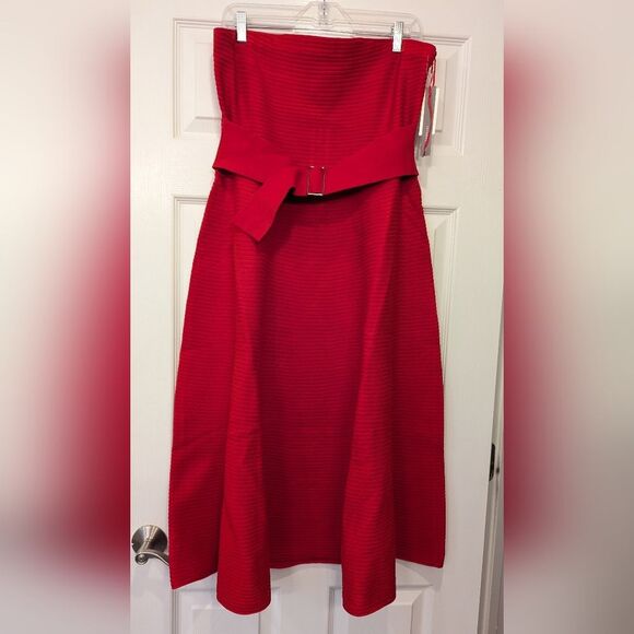 NWT Anthropologie red Strapless belted open back A-line Midi Sweater Dress sz L - Picture 7 of 16